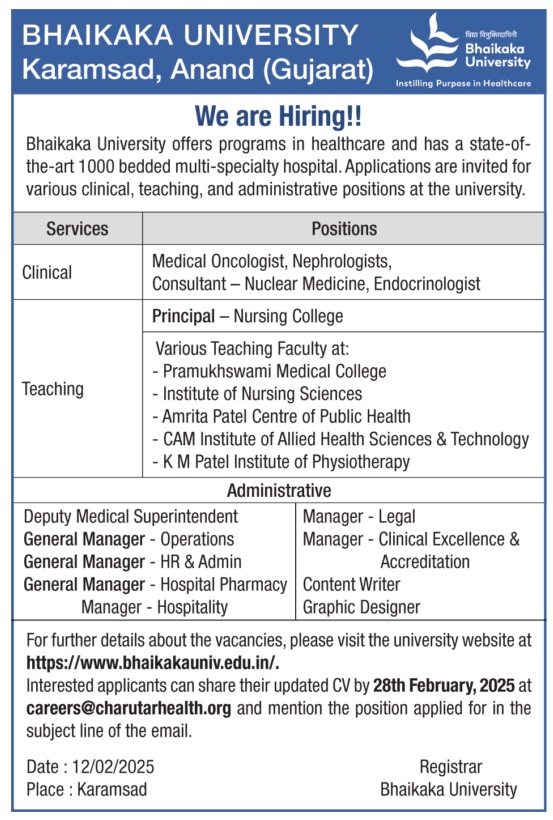 Bhaikaka University Teaching Non Teaching Recruitment 2025